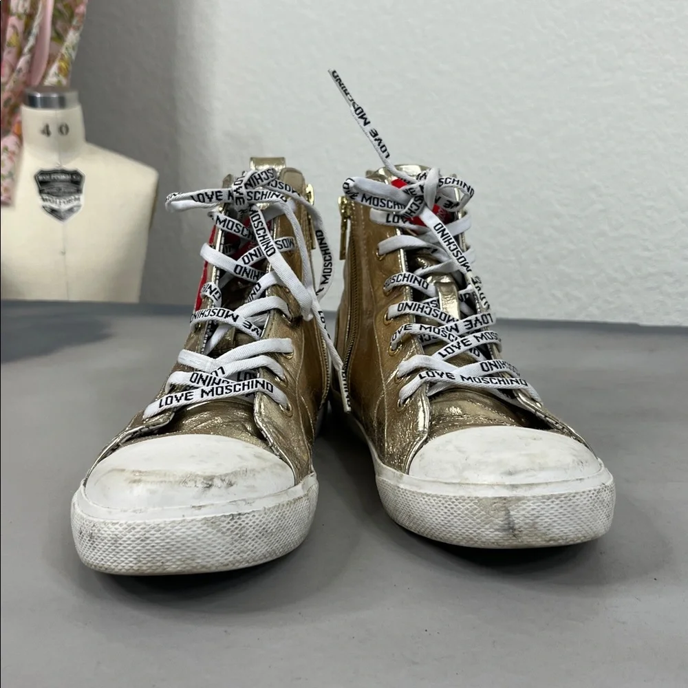 LOVE MOSCHINO Gold Heart Metallic Lace Up High Top Zip SOLD OUT Sneakers Shoes - Picture 5 of 10